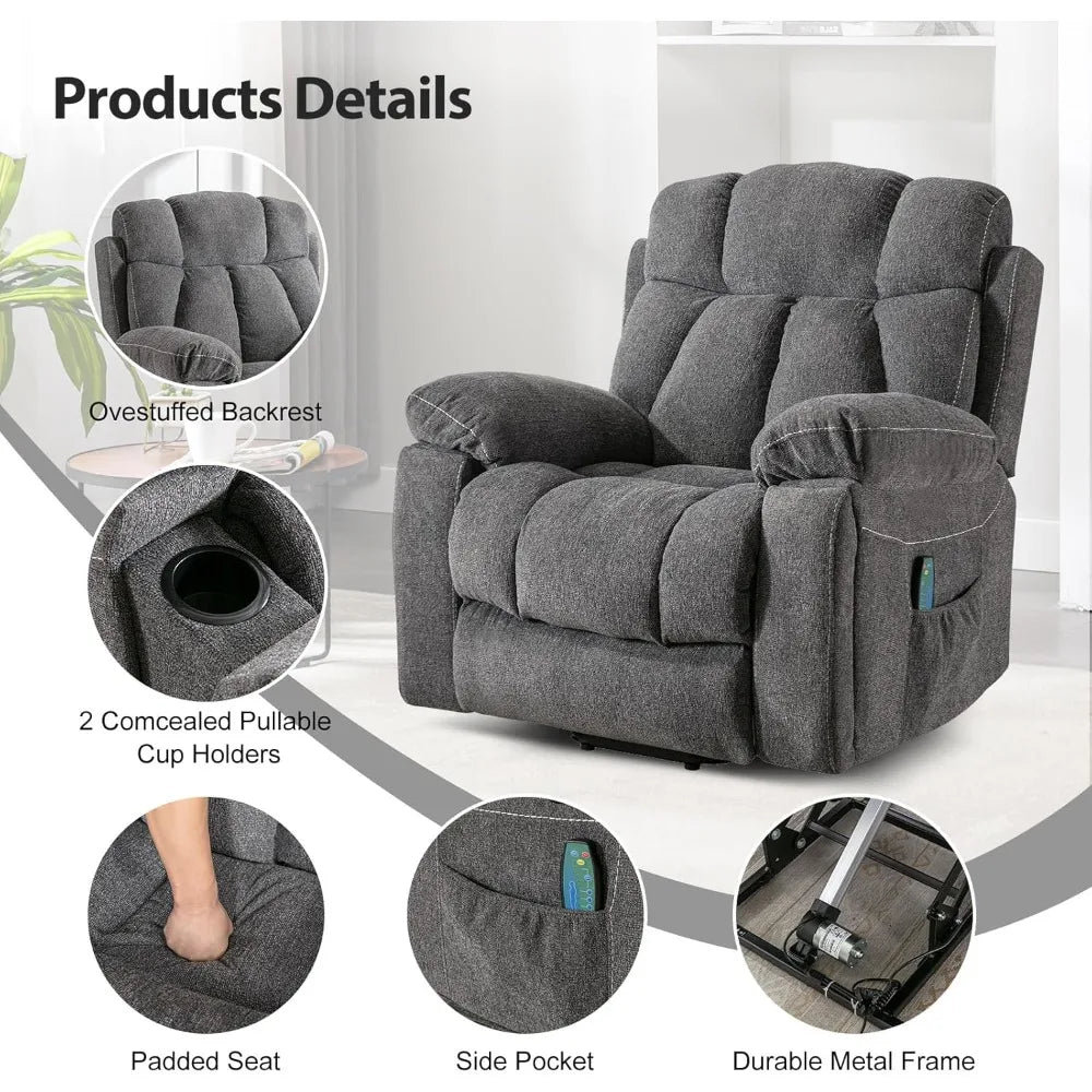 Phoenix Home Large Power Lift Recliner Chair with Massage and Heat for Elderly, Overstuffed Wide Recliners with 2 Cup Holders, S
