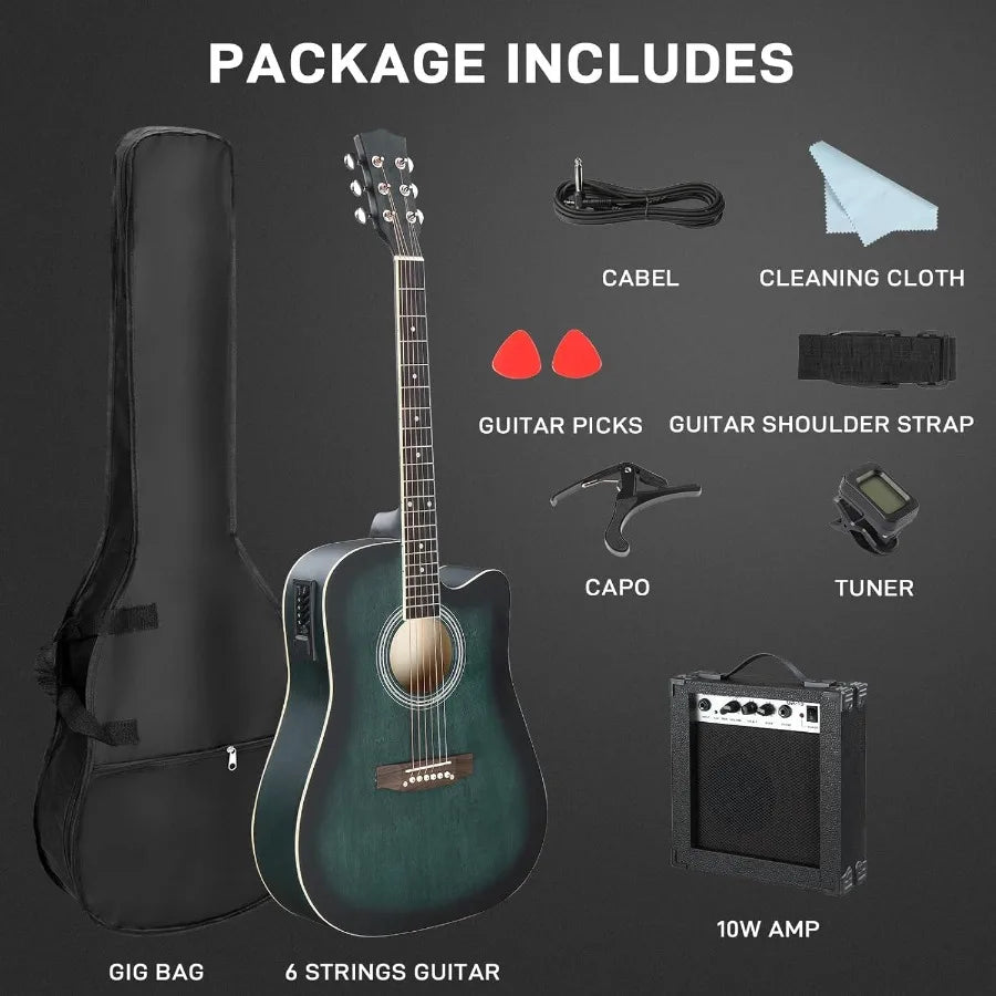 Full-Size Acoustic Electric Guitar with Amp featuring 41 Inch Basswood Body Complete Beginner to Intermediate Guitar Kit with C
