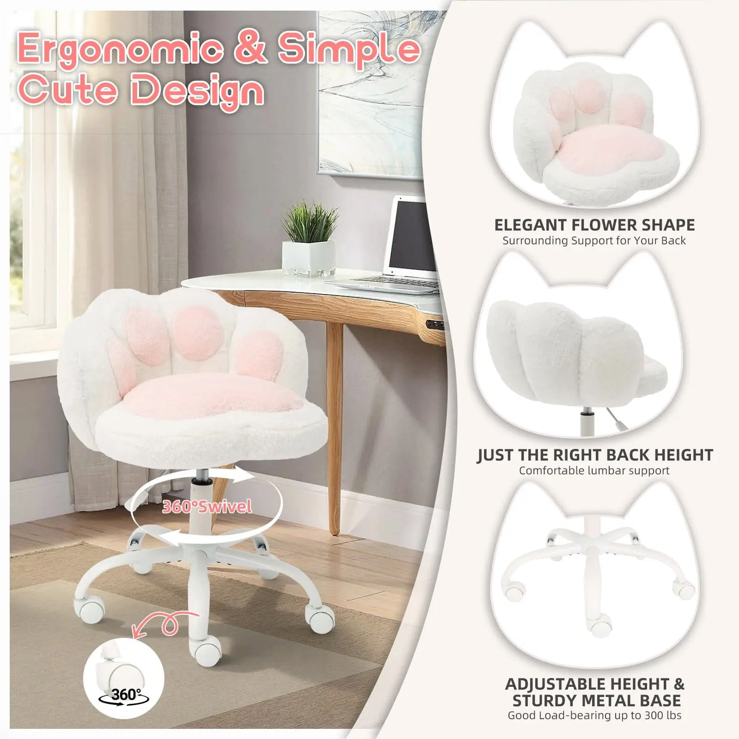 Vanity Chair with Wheels,Cute Cat Paw Office Chair with Back,360°Rotating Height Adjustable Armless Chair in Vibrant Color