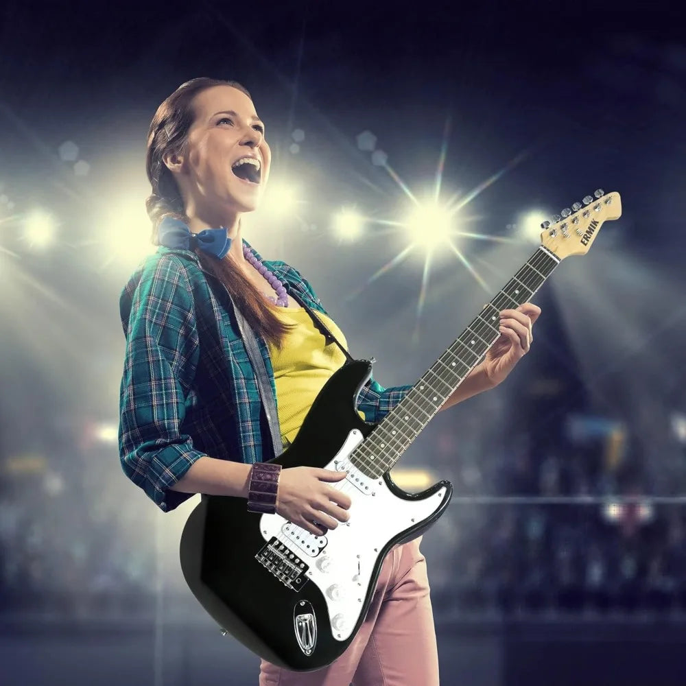 Solid Electric Guitar Kit with amp, 39 "Full size Guitar HSS pickup Guitar Electric Beginner Gift - black