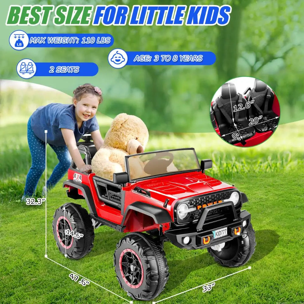 24V Kids Electric Ride on Jeep 2 Seater Battery Powered Truck with 20'' Wide Seat, 4x100W Powerful Wheels, Music, Remote Control