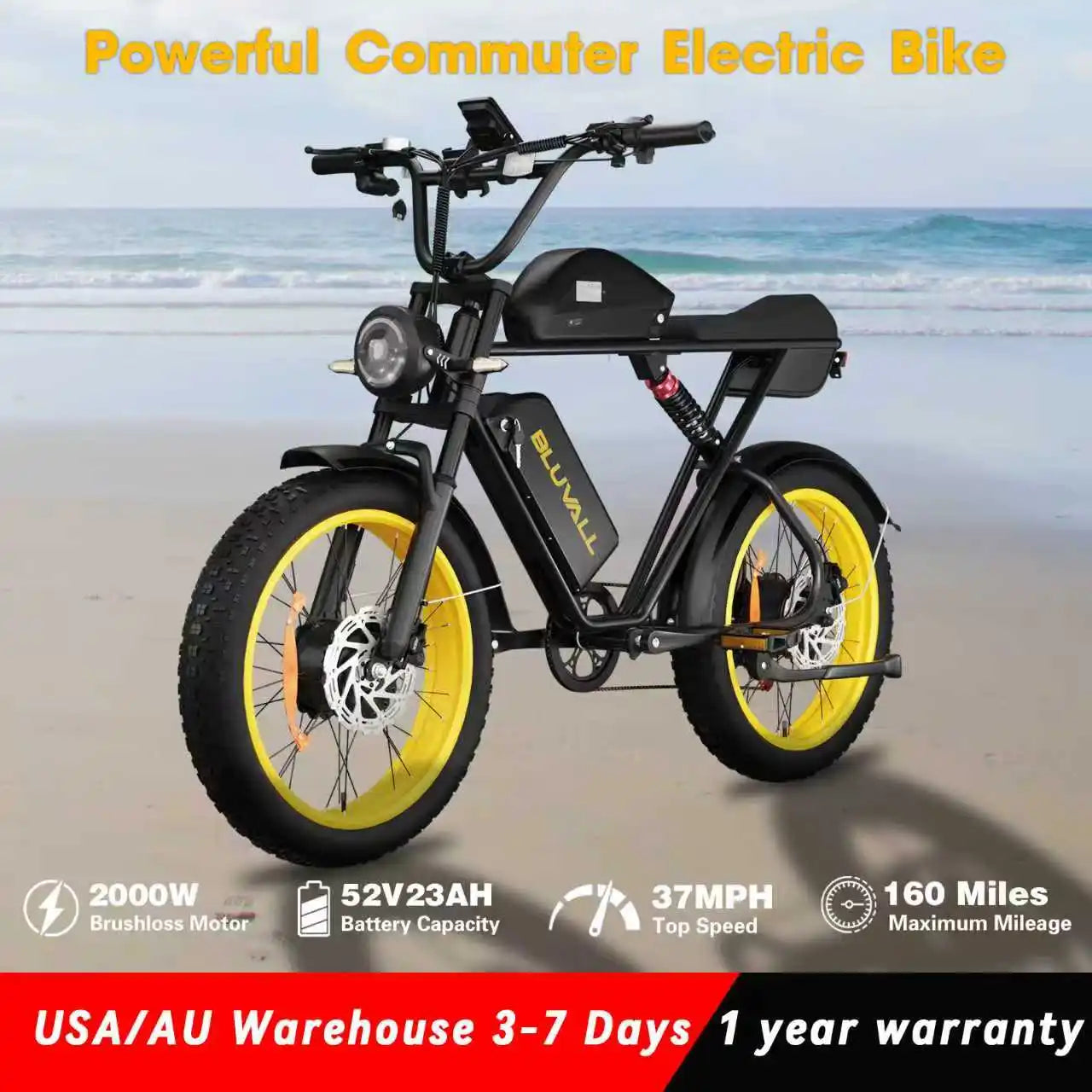 Dual Motors 52V 23AH Electric Bicycle 3000W Peak 37MPH 20" Fat Tire Ebike Full Suspension Adult E-Bike for Off-Road Mountain