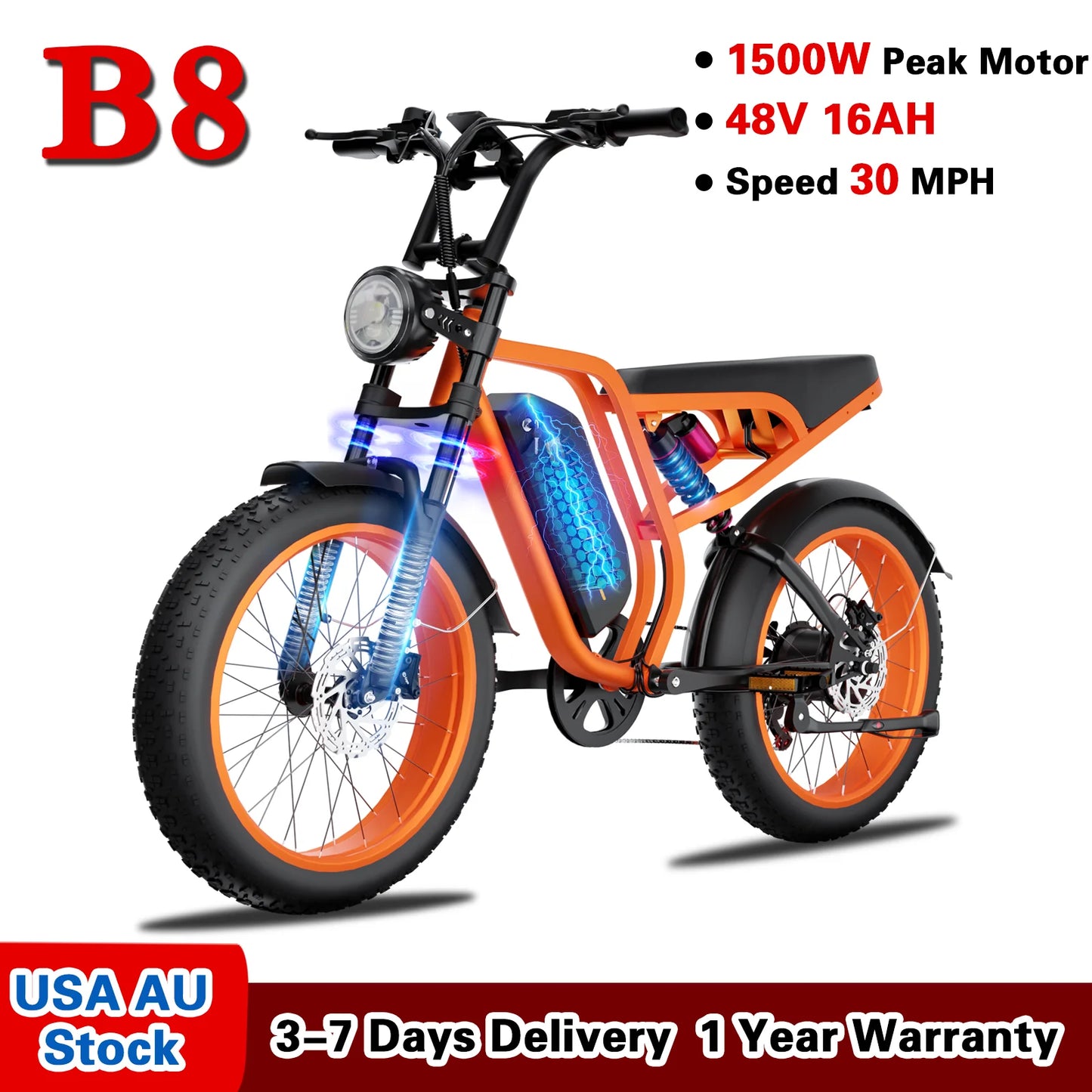 Winter E-Bike Moobelo B8 1500W Peak 48V 16AH 30MPH Snow-Ready | Waterproof Road/Mountain Ebike 1-Year Warranty