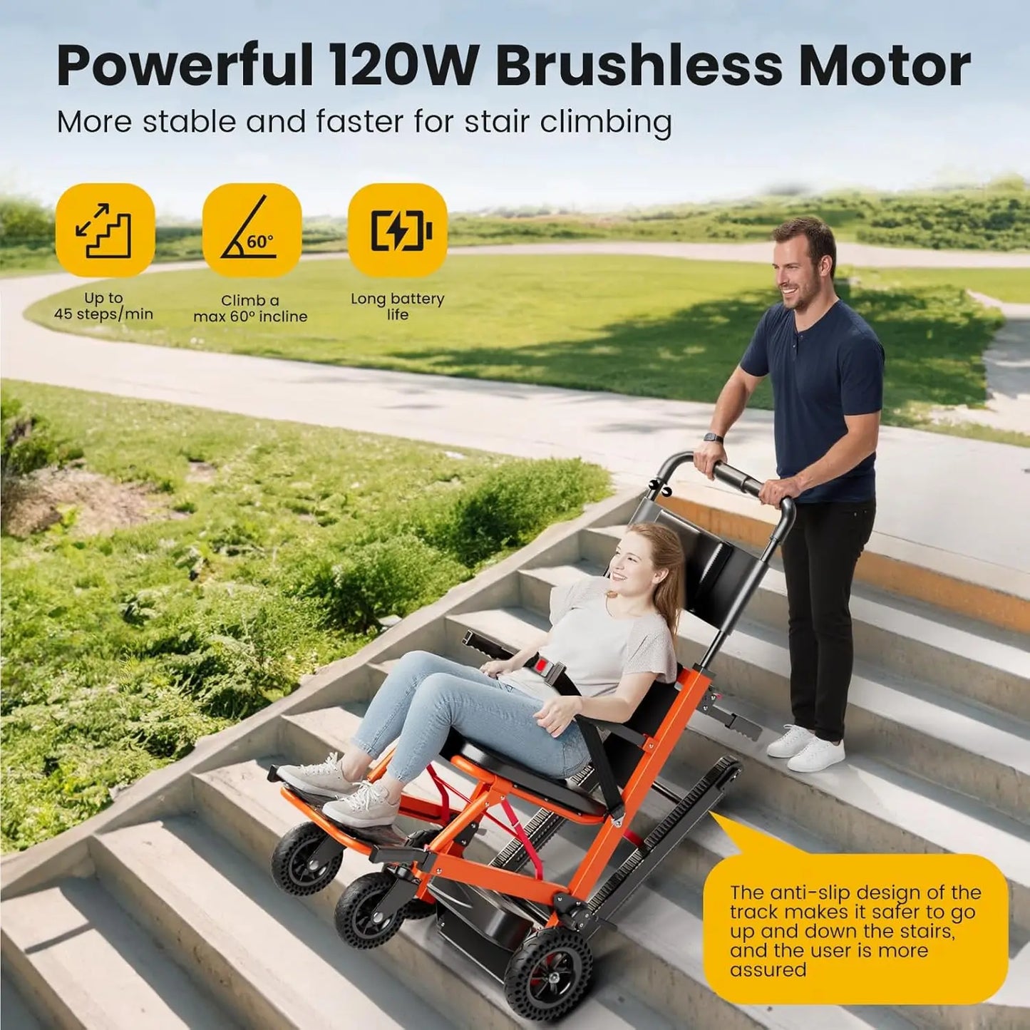 Electric Stair Chair Stair Climbing Wheelchair 440 lbs Max Load with Adjustable Backrest and Arms - Heavy Duty Assist Track