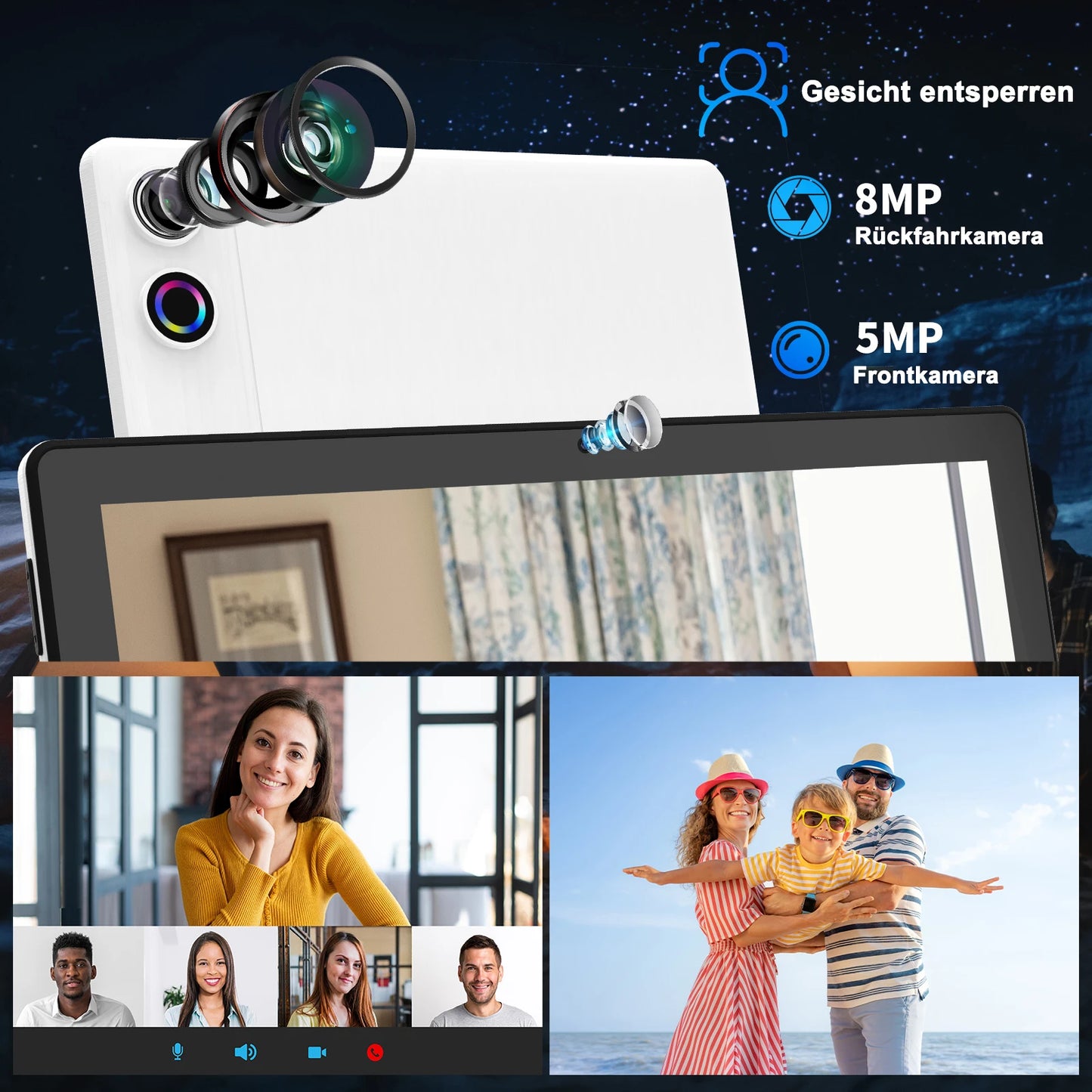 Android 14 10 inch Tablet, A523 Octa Core, 8GB RAM + 64GB ROM(TF 1TB), 5000mAh, Face Unlocked,Black+Keyboard & Mouse Set, Black