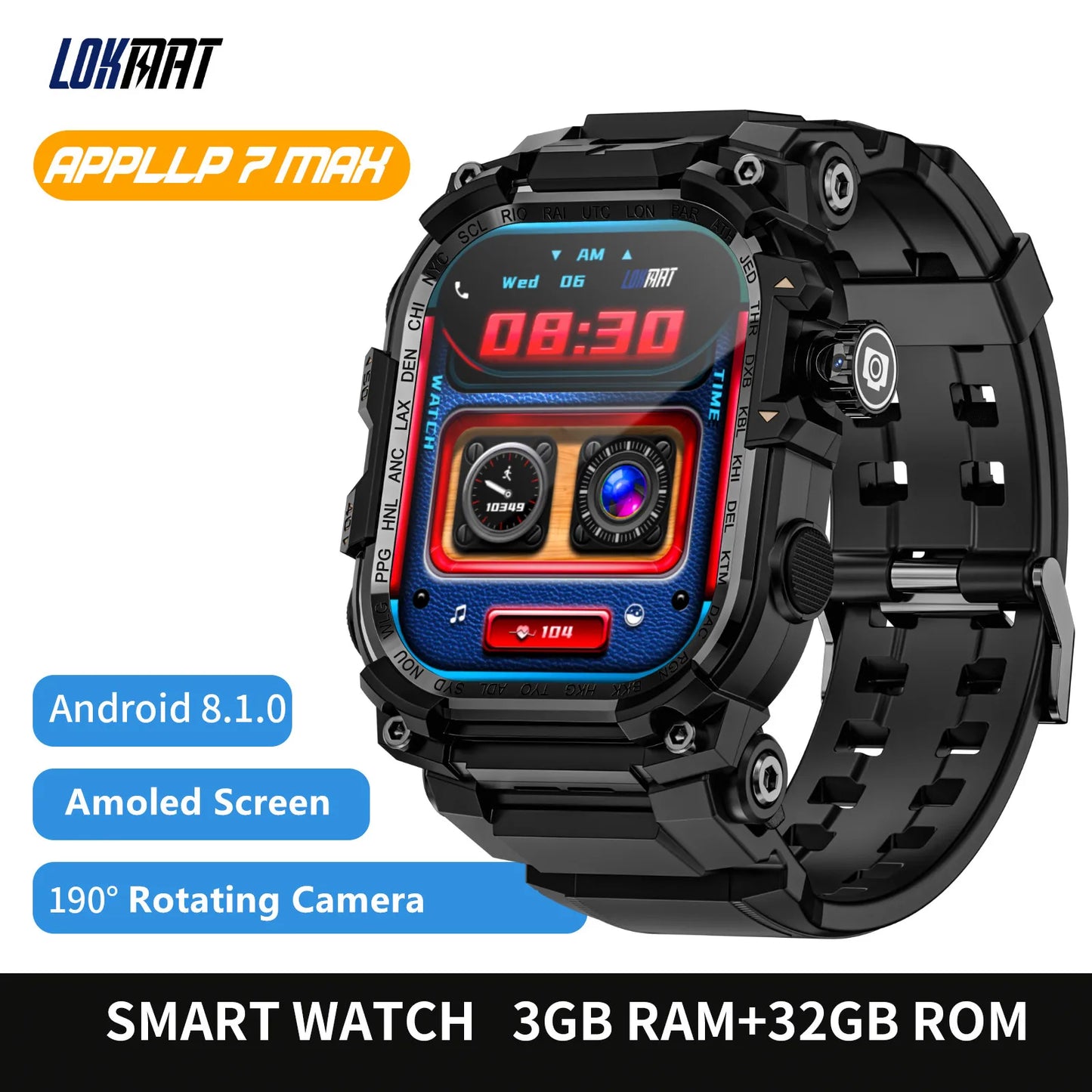 LOKMAT APPLLP 7 MAX Android Smart Watch Phone Amoled Touch Screen Rotating Camera Wifi 4G SIM Card Watch Outdoor Fitness Tracker