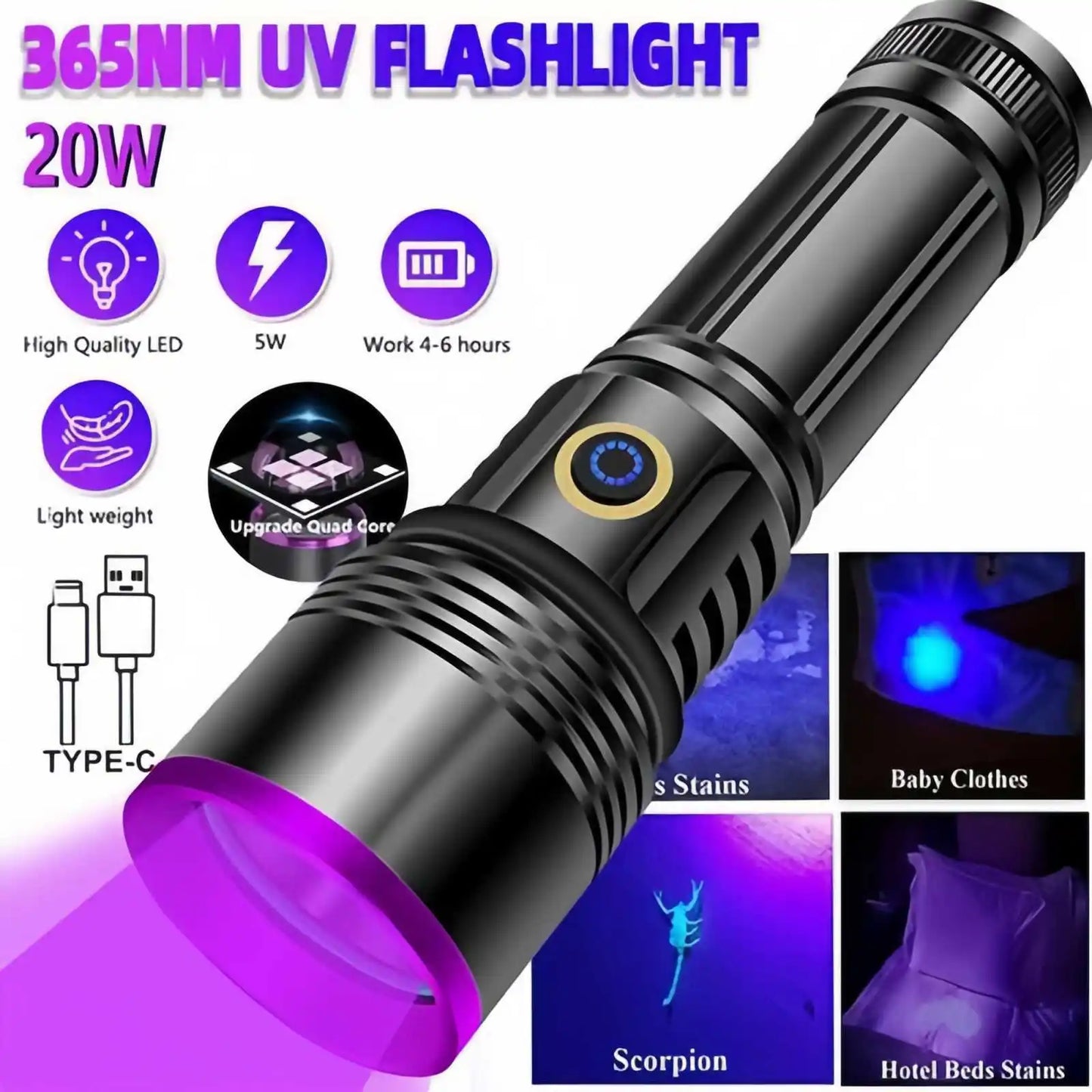 20W UV Black Light Flashlight -365nm USB Rechargeable | Pet Urine Detector, Gem and Money Detector, Stain Detector, etc