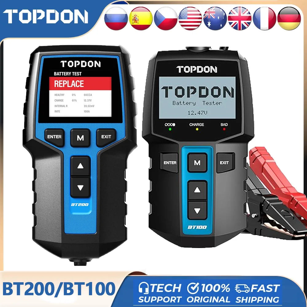 TOPDON BT200/BT100 Battery Tester Charging Cranking Test Tools for Car 24V/12V Automotive Diagnostic Battery Monitor 100-2000CCA