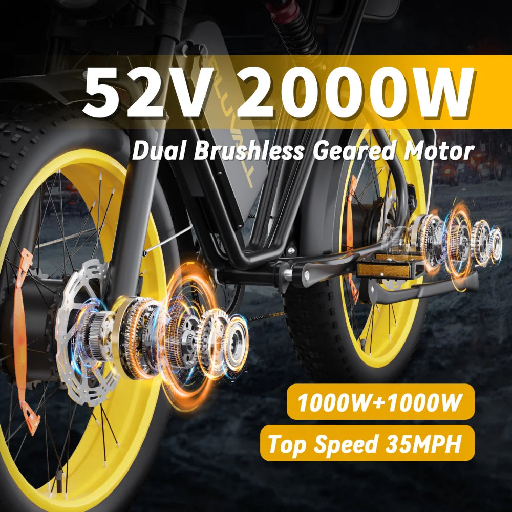 Dual Motors 52V 23AH Electric Bicycle 3000W Peak 37MPH 20" Fat Tire Ebike Full Suspension Adult E-Bike for Off-Road Mountain
