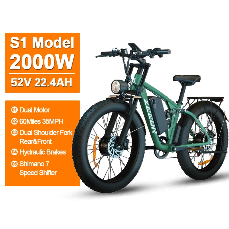 Zeegr S1 US Winter Fat Tire E-Bike 2000W Dual Motor AWD 52V 80 Mile Long Range Full Suspension 35MPH Snow Off-Road Electric Bike