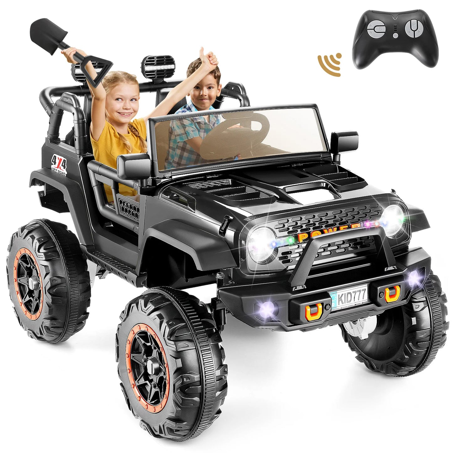 24V Kids Electric Ride on Jeep 2 Seater Battery Powered Truck with 20'' Wide Seat, 4x100W Powerful Wheels, Music, Remote Control