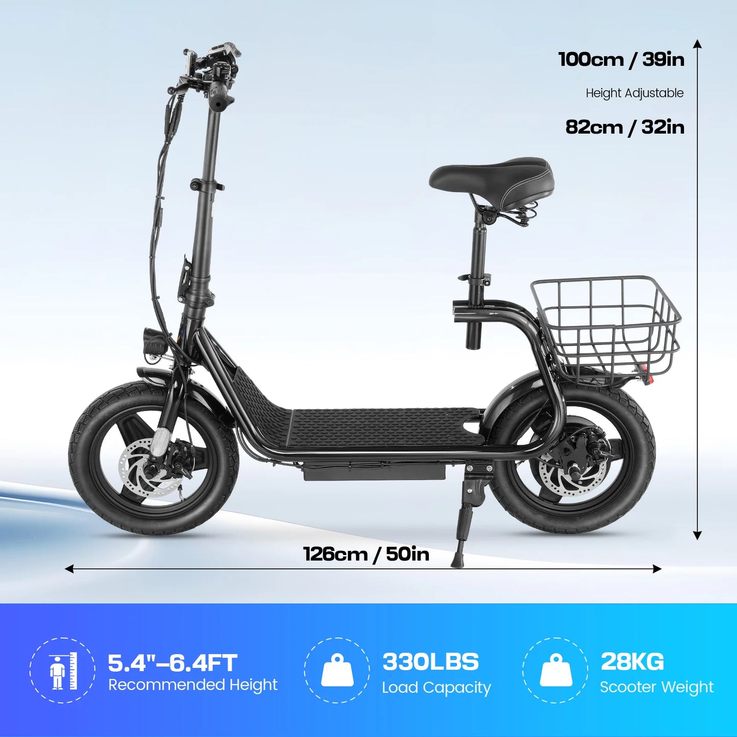 500W Electric Scooter with Seat Peak 750W 375Wh 7800mAh Battery 25Mi Range 20MPH 14" Tire Shock Dual Disc Brake