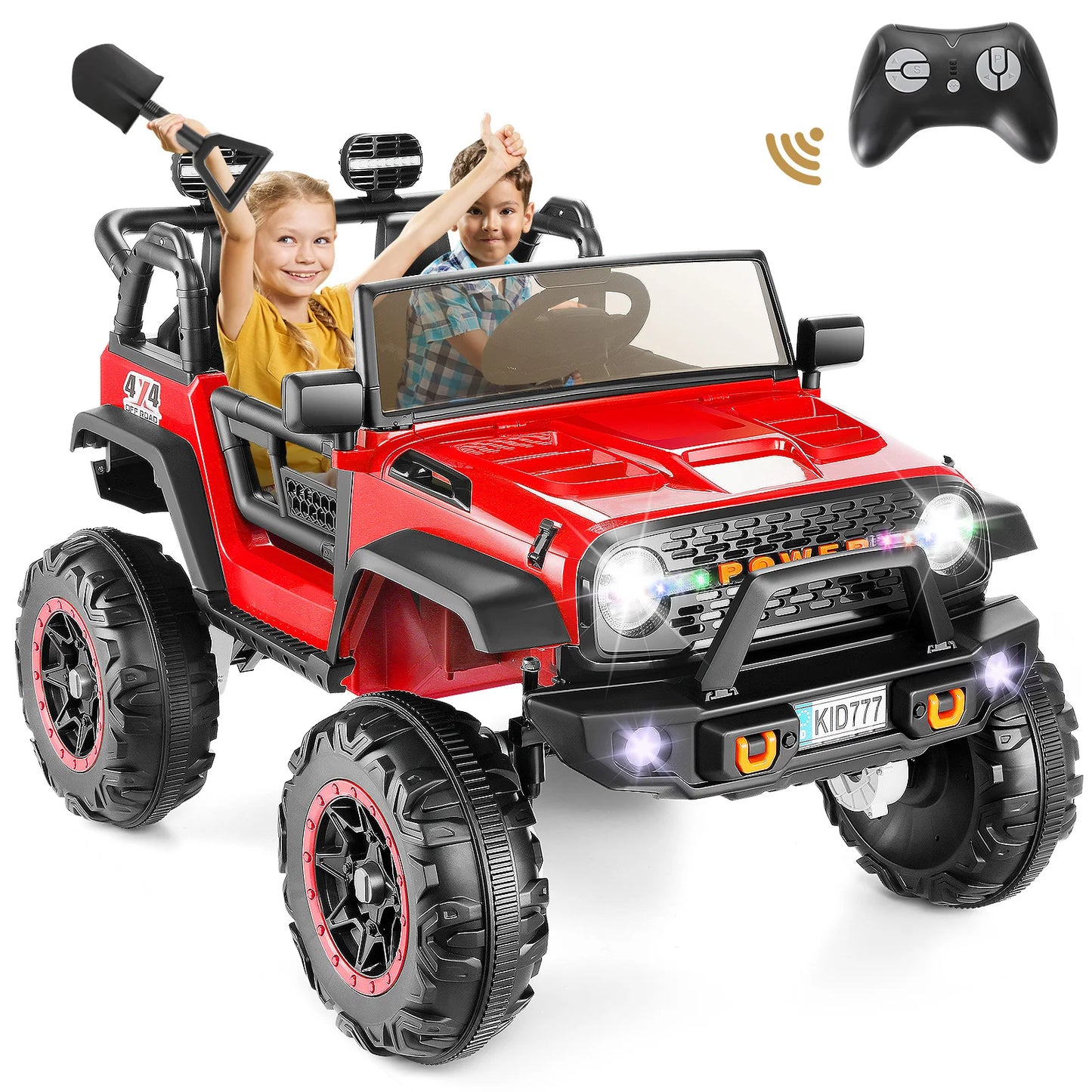 24V Kids Electric Ride on Jeep 2 Seater Battery Powered Truck with 20'' Wide Seat, 4x100W Powerful Wheels, Music, Remote Control