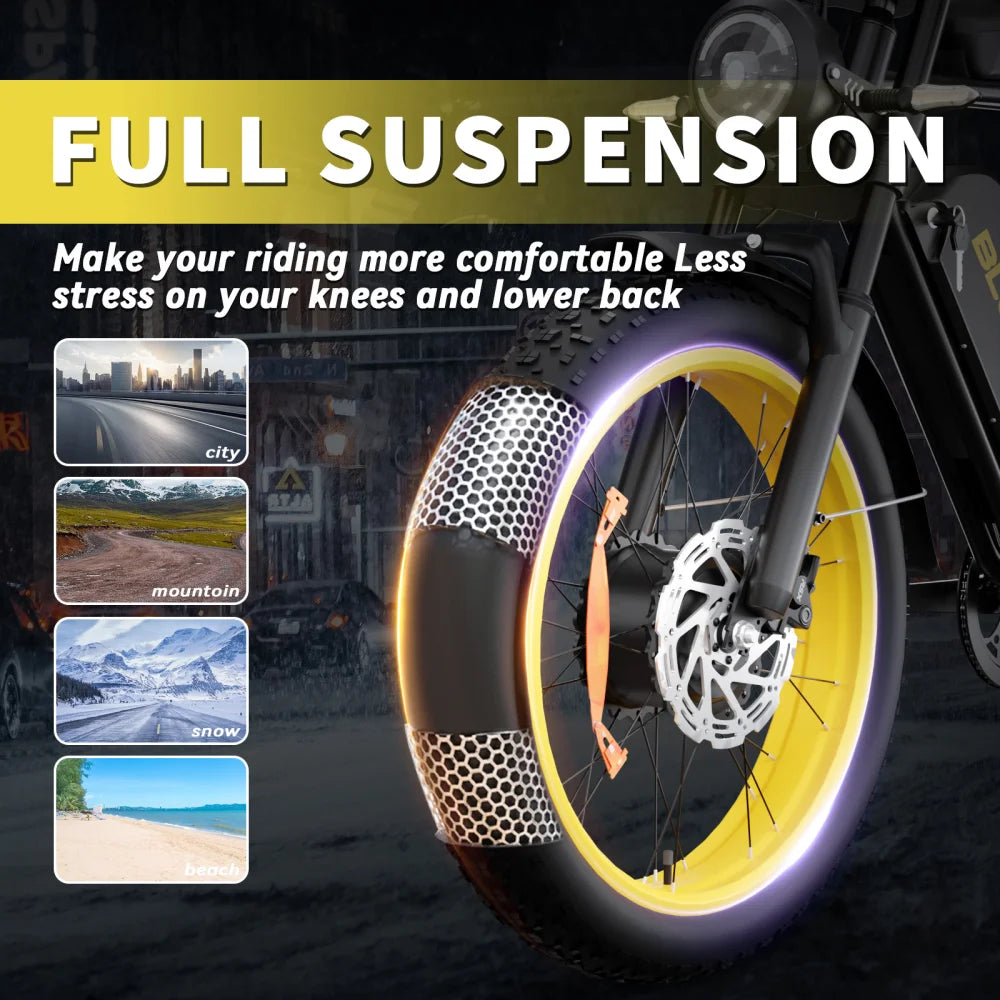 Dual Motors 52V 23AH Electric Bicycle 3000W Peak 37MPH 20" Fat Tire Ebike Full Suspension Adult E-Bike for Off-Road Mountain