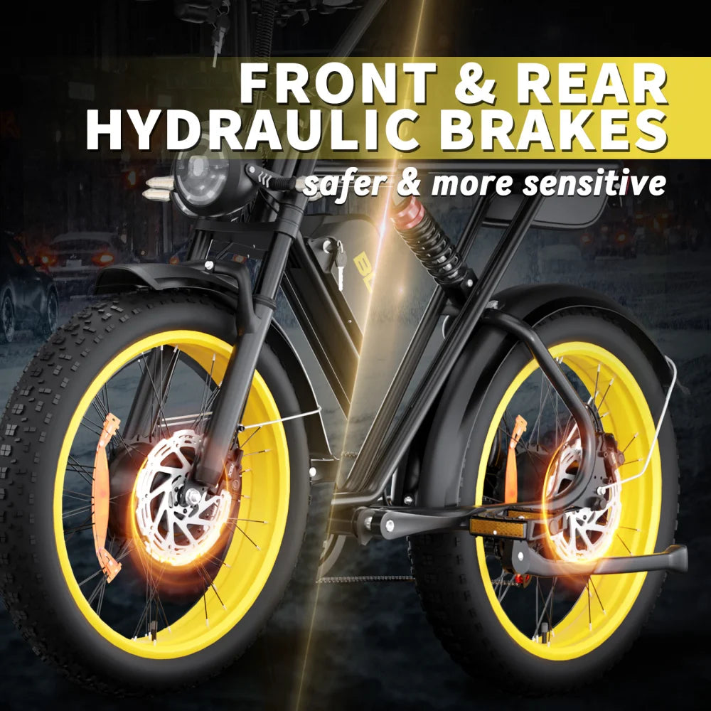 Dual Motors 52V 23AH Electric Bicycle 3000W Peak 37MPH 20" Fat Tire Ebike Full Suspension Adult E-Bike for Off-Road Mountain