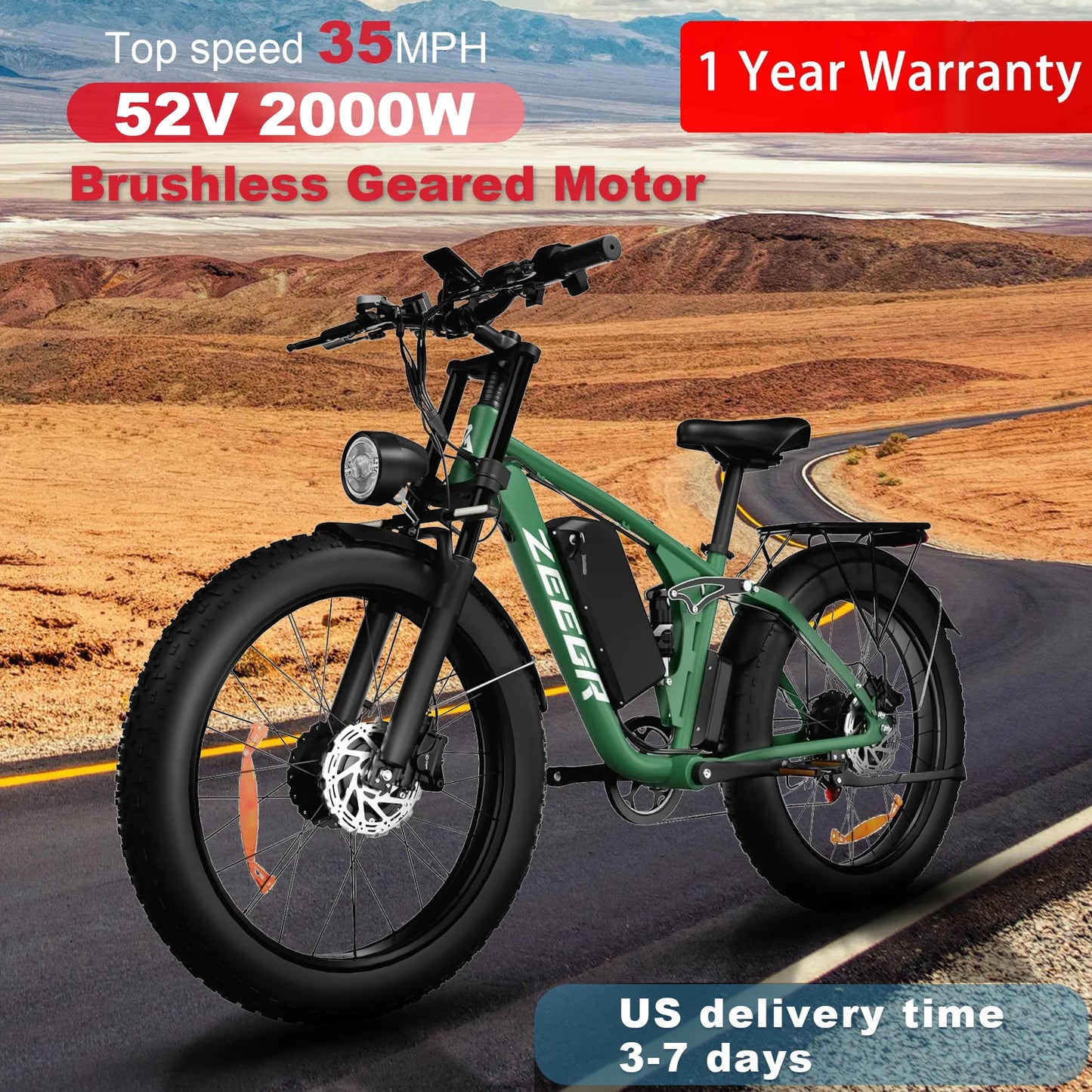 Zeegr S1 US Winter Fat Tire E-Bike 2000W Dual Motor AWD 52V 80 Mile Long Range Full Suspension 35MPH Snow Off-Road Electric Bike