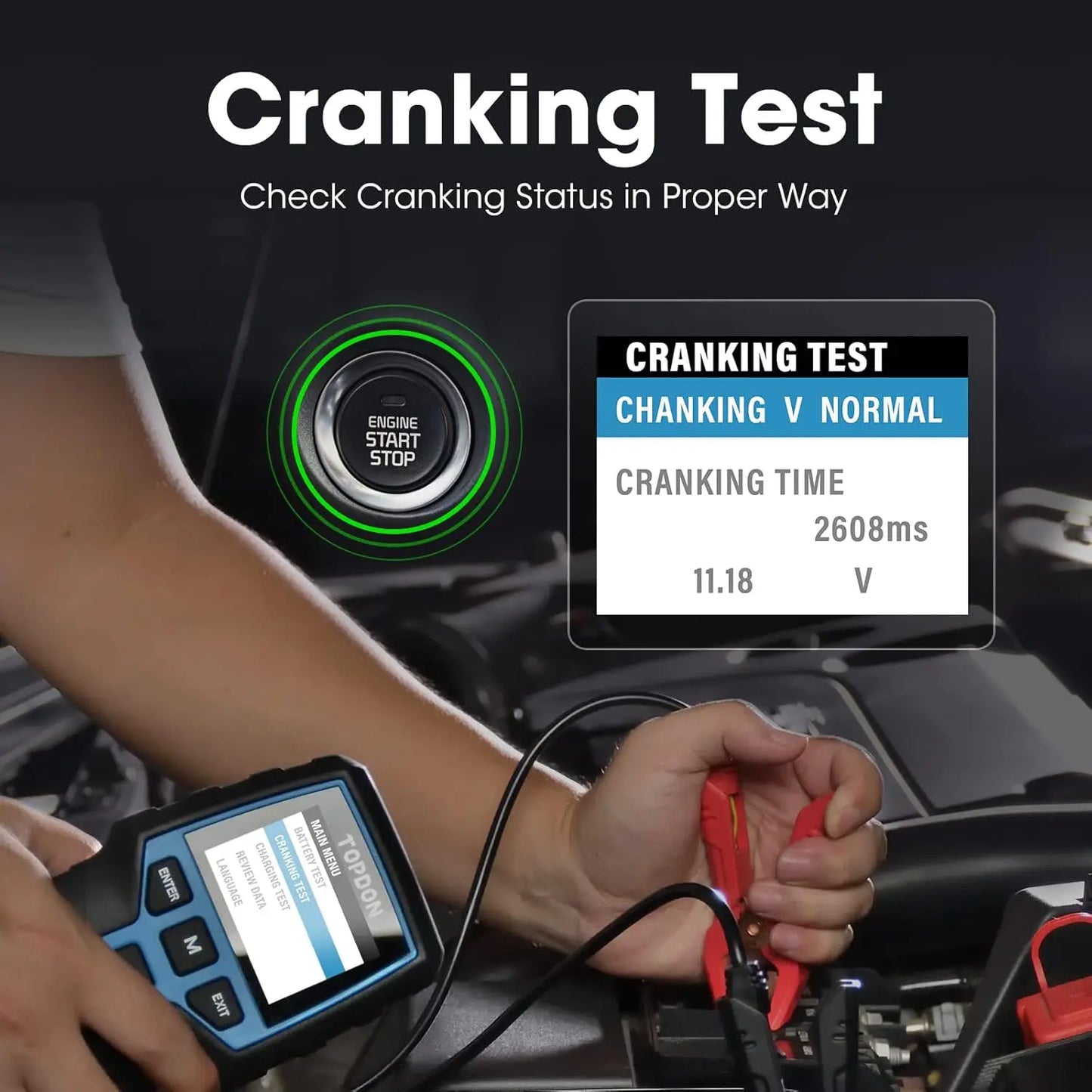 TOPDON BT200/BT100 Battery Tester Charging Cranking Test Tools for Car 24V/12V Automotive Diagnostic Battery Monitor 100-2000CCA