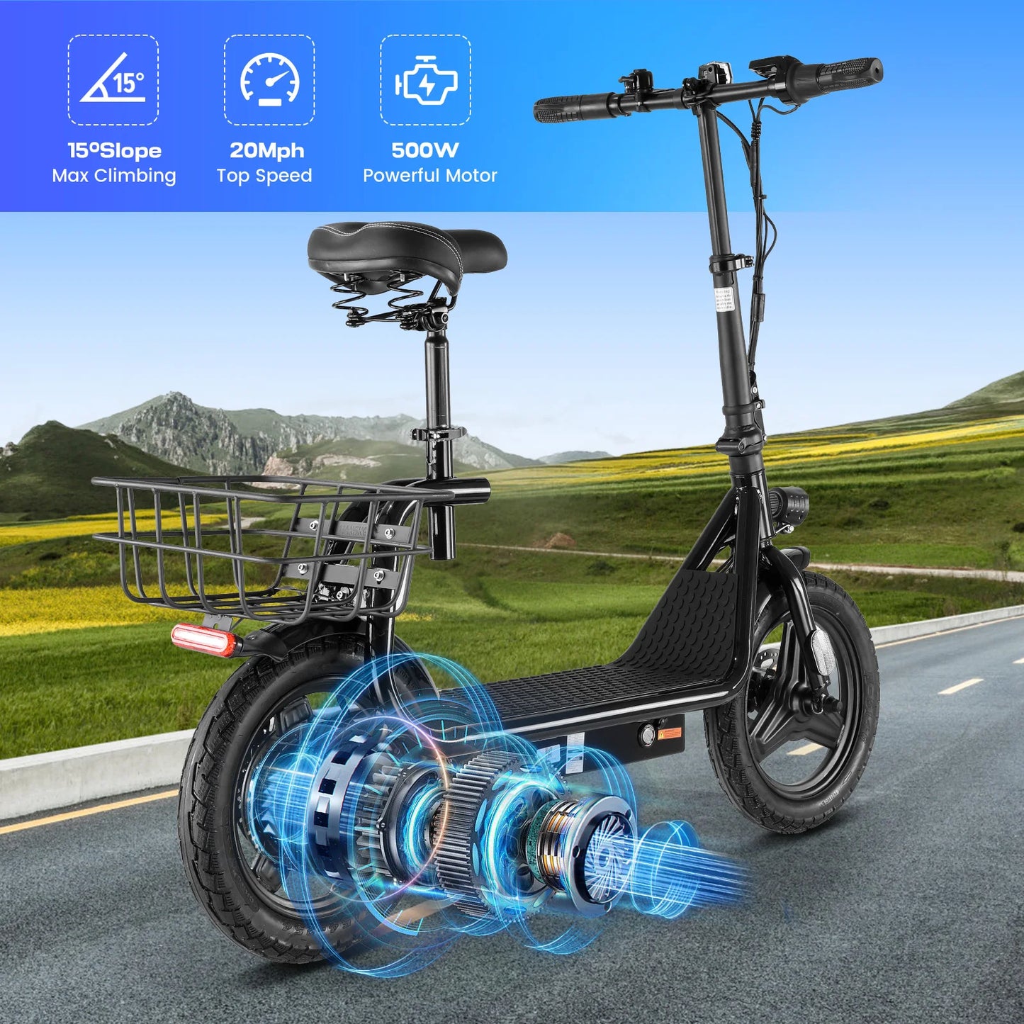 500W Electric Scooter with Seat Peak 750W 375Wh 7800mAh Battery 25Mi Range 20MPH 14" Tire Shock Dual Disc Brake