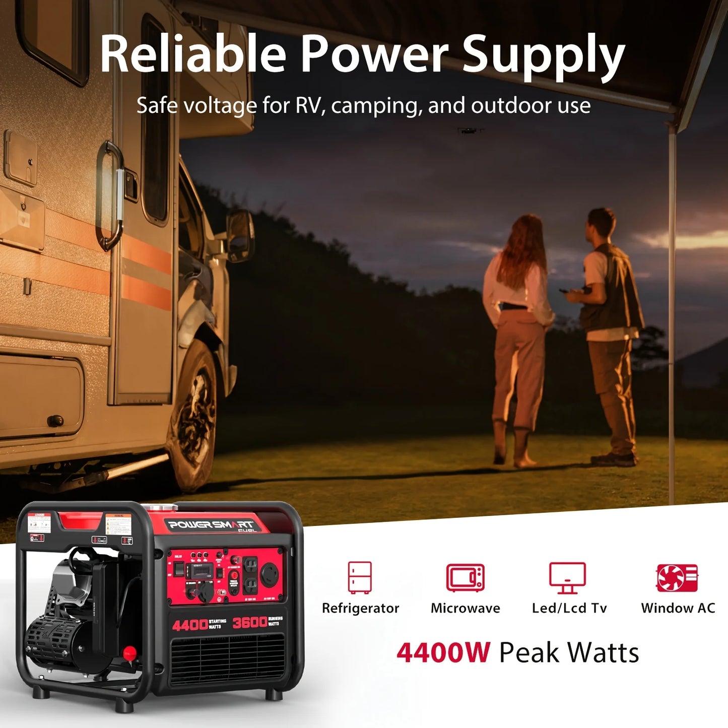 PowerSmart 4400W Portable Generator with Inverter Technology, RV Ready 30A Outlet, Gas Powered, Lightweight & Quiet for Home Use