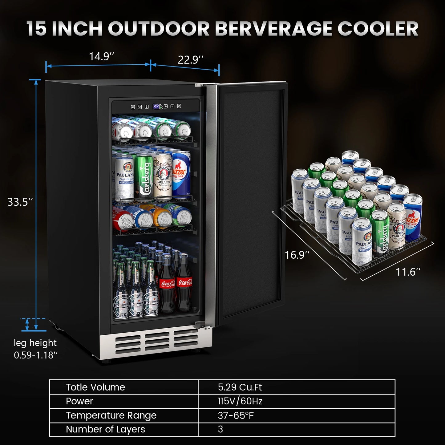 15 Inch Outdoor Beverage Fridge Stainless Steel Beverage Cooler Under-counter Beer Fridge Indoor/Outdoor Beverage Refrigerator