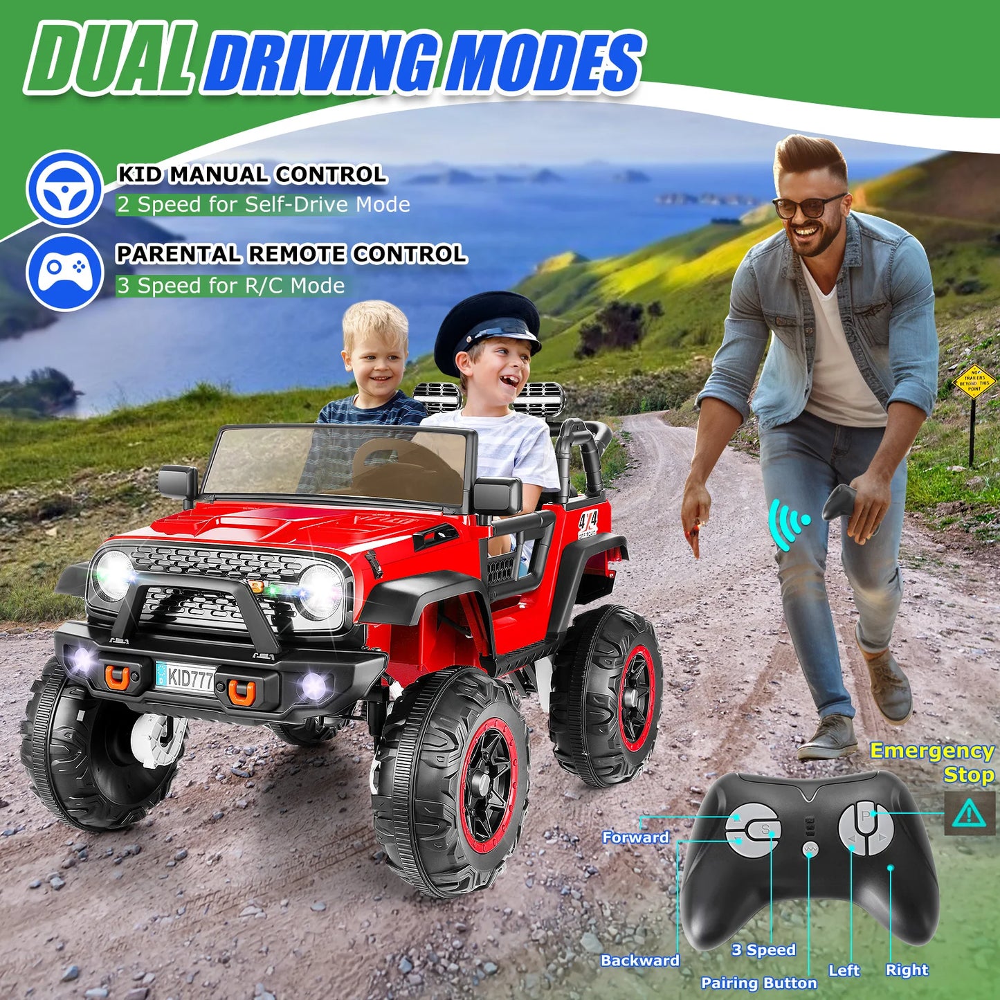 24V Kids Electric Ride on Jeep 2 Seater Battery Powered Truck with 20'' Wide Seat, 4x100W Powerful Wheels, Music, Remote Control