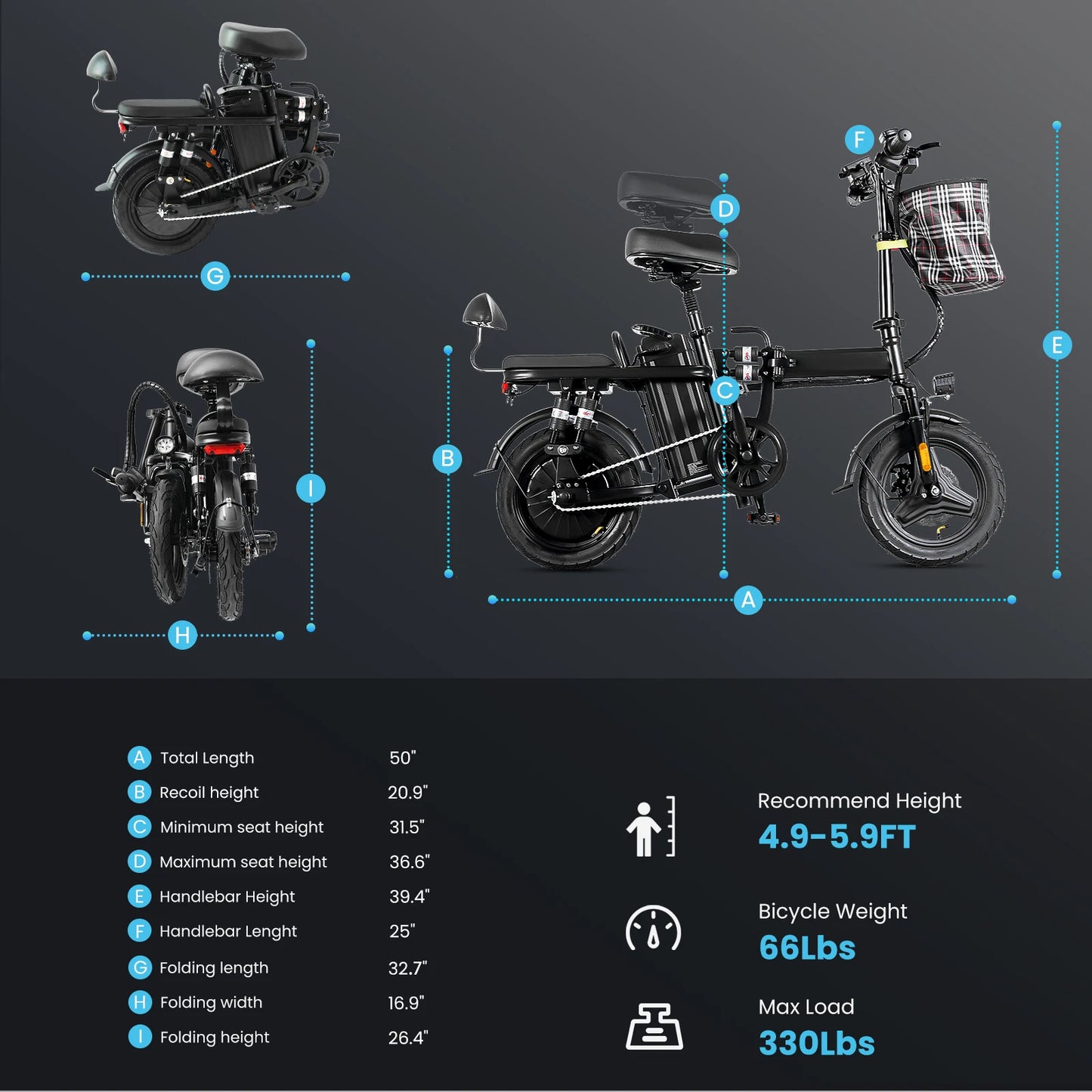 Electric Bike For Adults Teens Folding Ebike Commuter City Foldable E Bike With 500W Motor 23MPH Speed Pedals Assist Dual Disc B