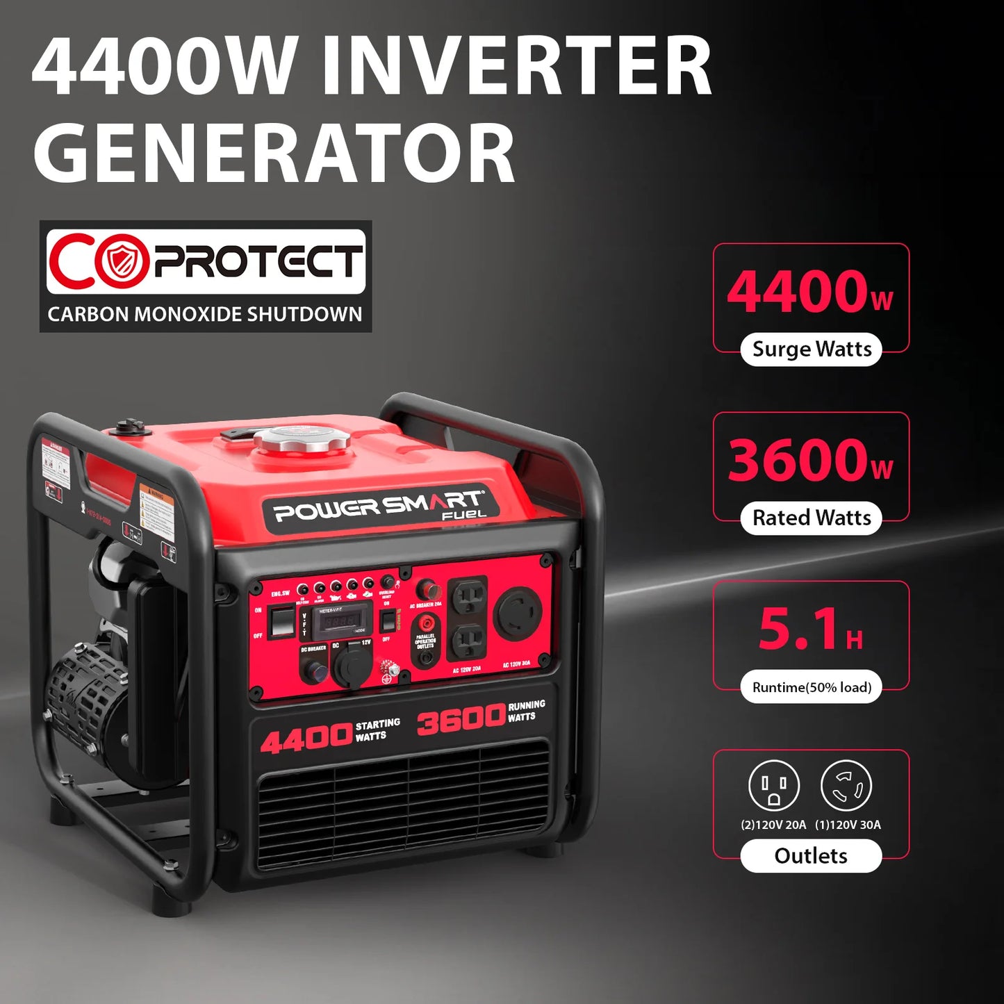 4400W Open Frame Inverter Generator, CO Safety, EPA Certified, Long Runtime, Quiet 58dBA, Portable Home Backup Power