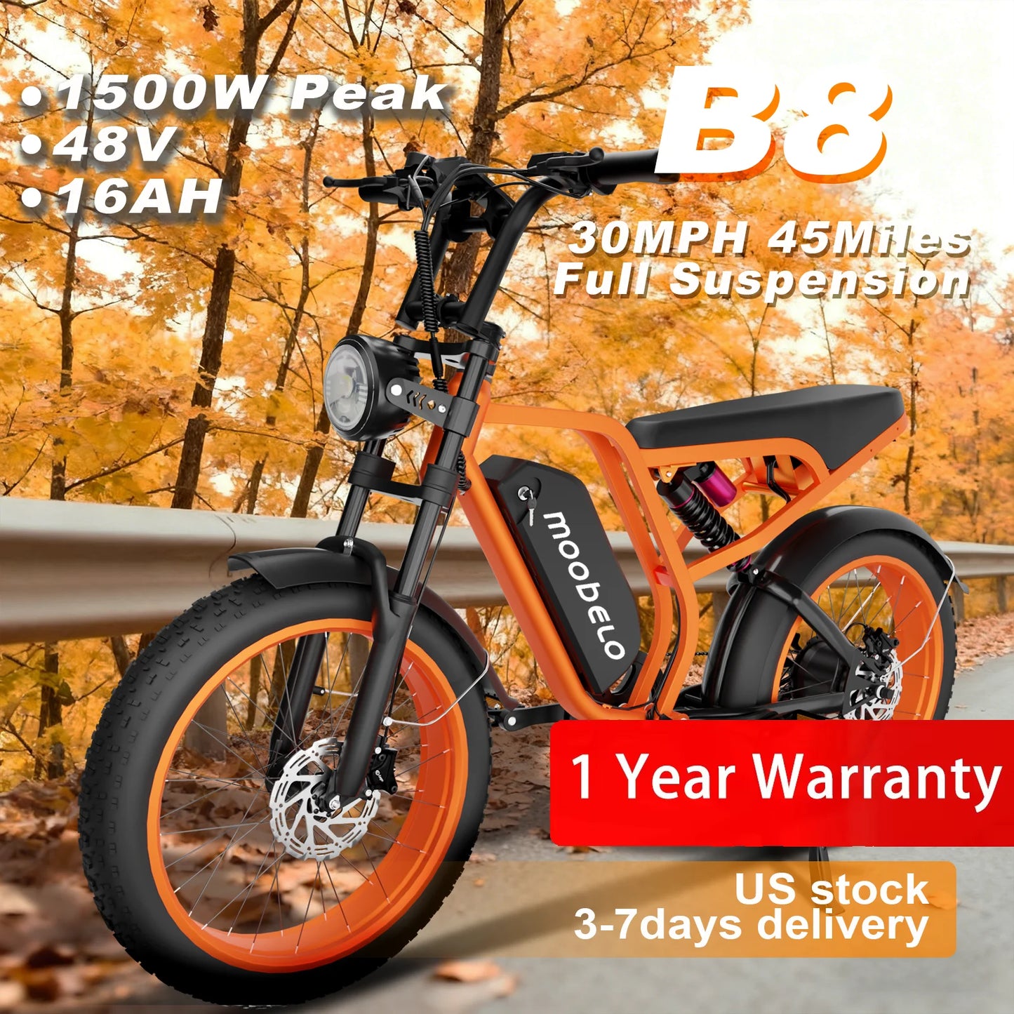 1500W Peak Electric Bike Moobelo B8 - Winter Fat Tire 48V 16AH Long Range 30MPH | Shimano 7-Speed All-Terrain E-Bike for Adults