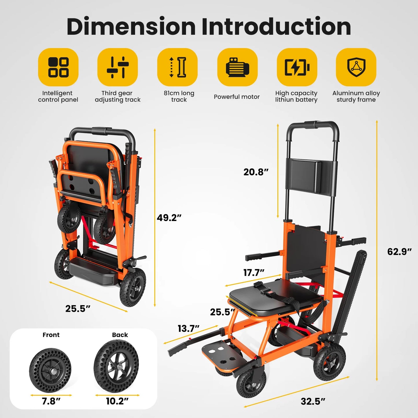 Electric Chair 440lbs Max Load Stair Climbing Wheelchair with Adjustable Backrest & Arms - Heavy Duty Assist Track Stair Chair