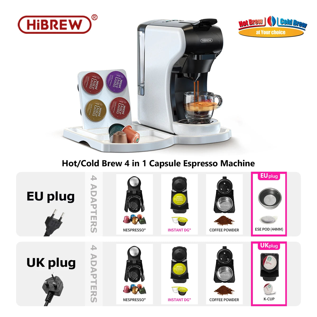 HiBREW 4 in 1 Multiple Capsule Coffee Maker Full Automatic With Hot & Cold Milk Foaming Machine Frother & Plastic Tray Set