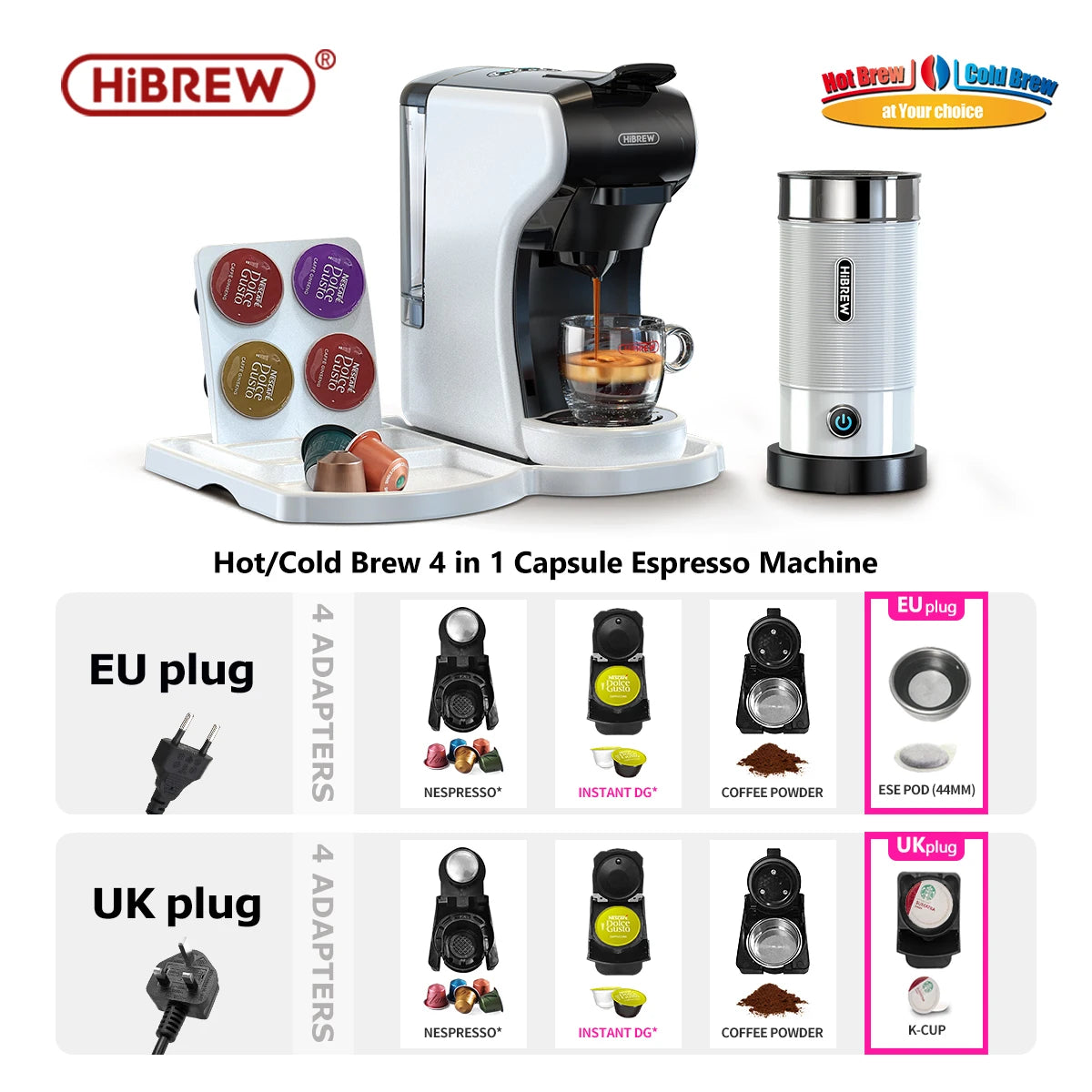 HiBREW 4 in 1 Multiple Capsule Coffee Maker Full Automatic With Hot & Cold Milk Foaming Machine Frother & Plastic Tray Set