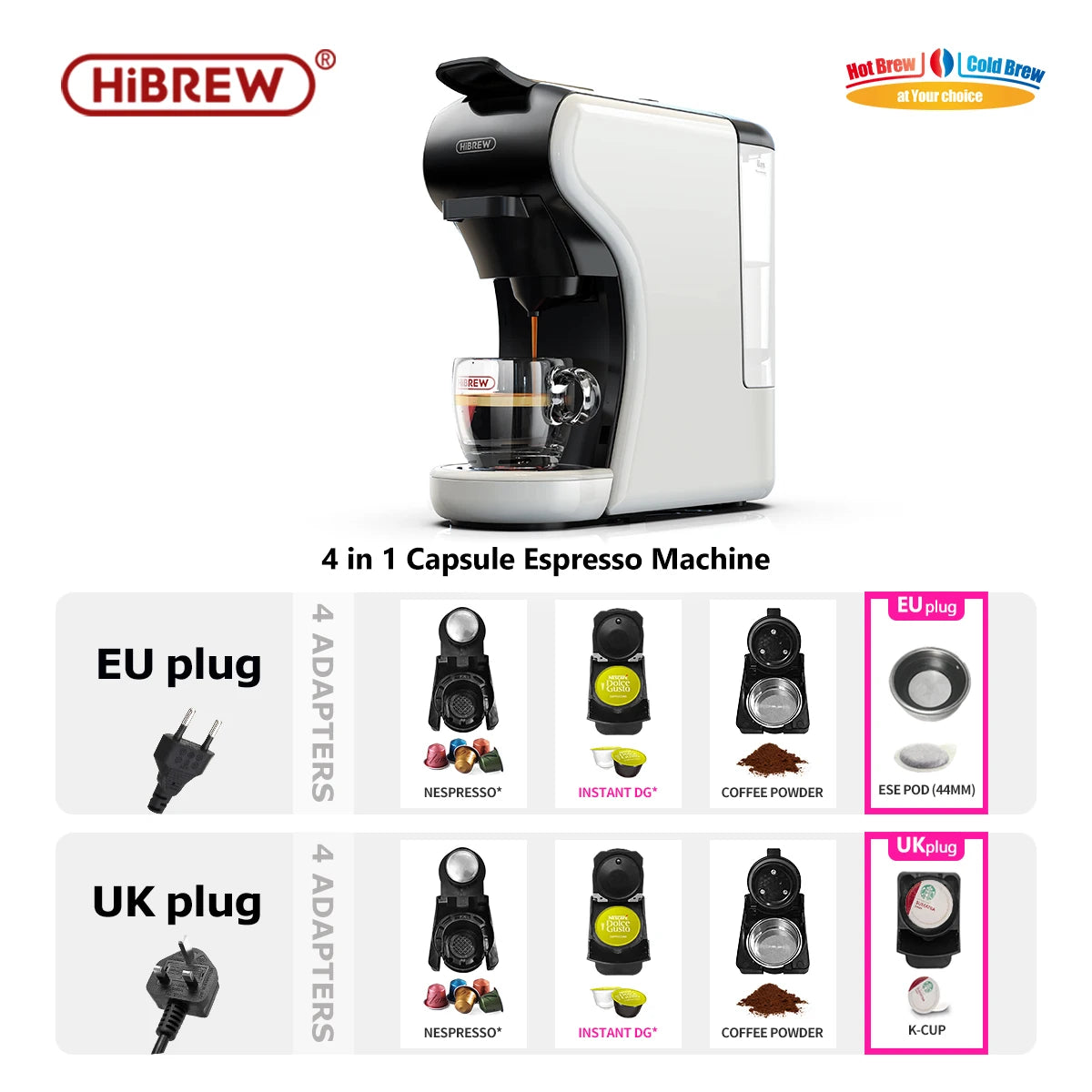 HiBREW 4 in 1 Multiple Capsule Coffee Maker Full Automatic With Hot & Cold Milk Foaming Machine Frother & Plastic Tray Set