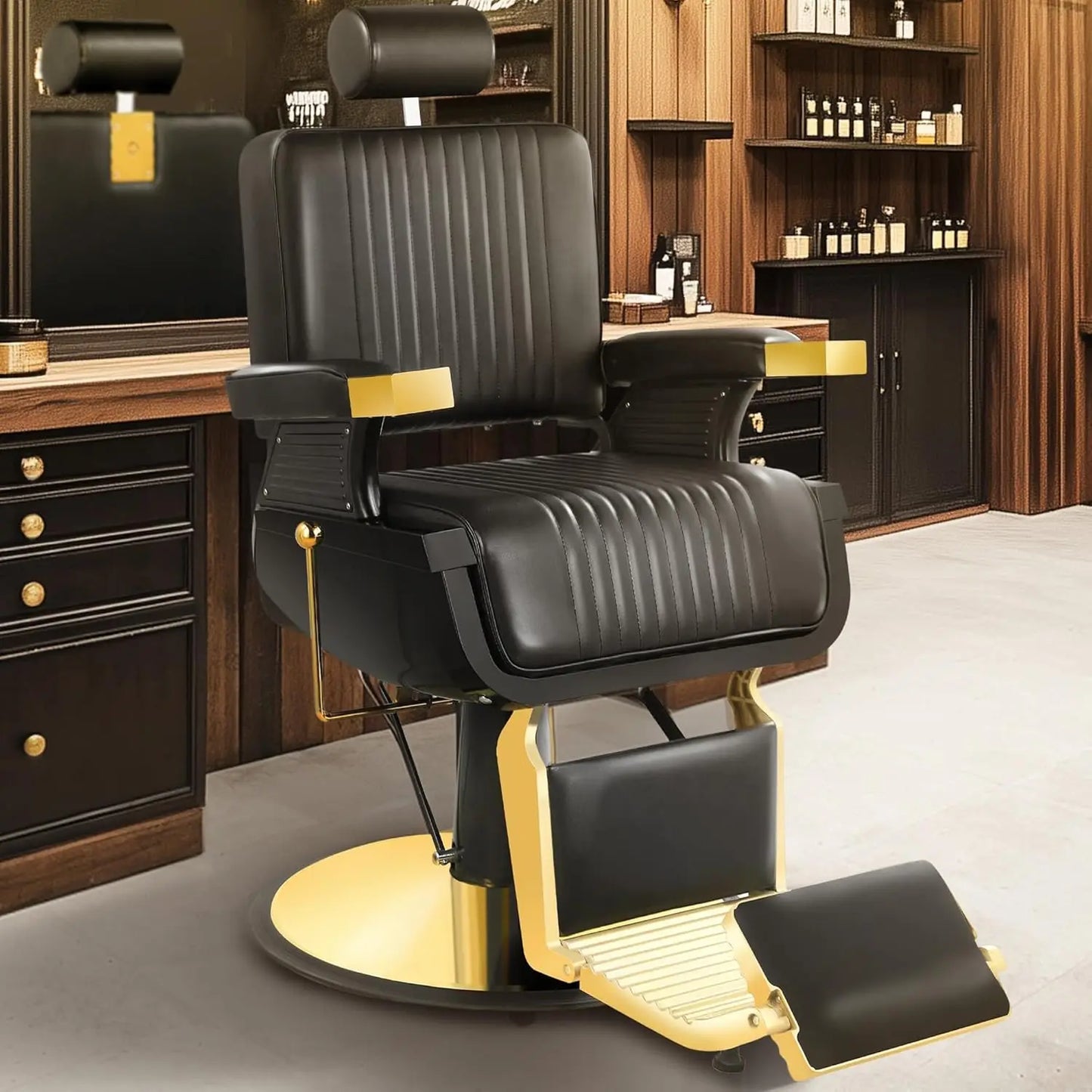 Black Gold Barber Chair, Reclining Salon Chair Hair Stylist, Barber Chairs for Barbershop Supports up to 500lbs, Professional Sa