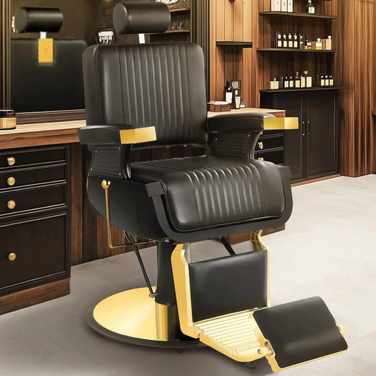 Black Gold Barber Chair, Reclining Salon Chair Hair Stylist, Barber Chairs for Barbershop Supports up to 500lbs, Professional Sa