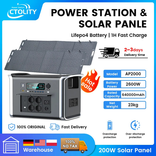 Camping Portable Power Station Solar Generator 1000W 2000W Lifepo4 Battery 220V AC Outlets Power Flexible Solar Panel Equipment