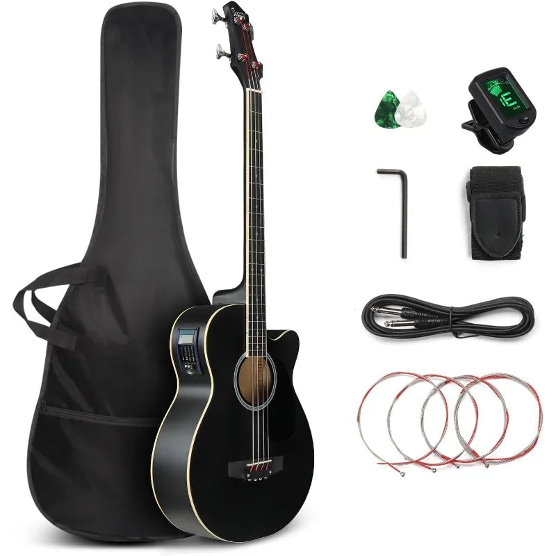 GLARRY Full Size Acoustic Electric Bass Guitar Beginner Kit,Cutaway 4 String Electric Acoustic Bass Guitar w/Inbuilt Tuner,Black