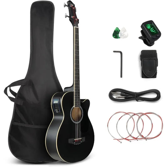 GLARRY Full Size Acoustic Electric Bass Guitar Beginner Kit,Cutaway 4 String Electric Acoustic Bass Guitar w/Inbuilt Tuner,Black
