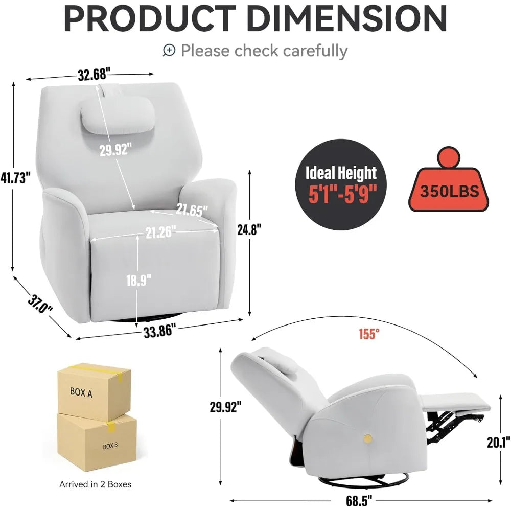Nursery Swivel Glider Rocker Chair, Power Reclining with Adjustable Headrest and USB Ports