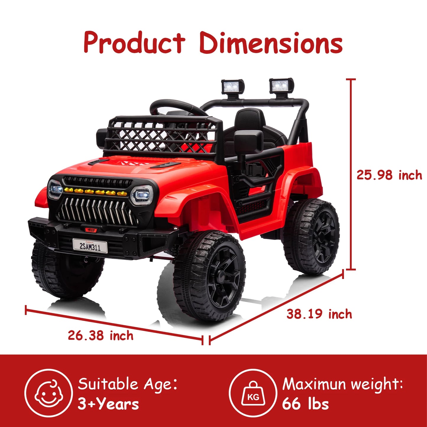 12V Kids 4-Wheel Electric Truck Car for Boys Girls Ride On Toy with Battery Display, Spring Suspension, LED Lights, Music, Red