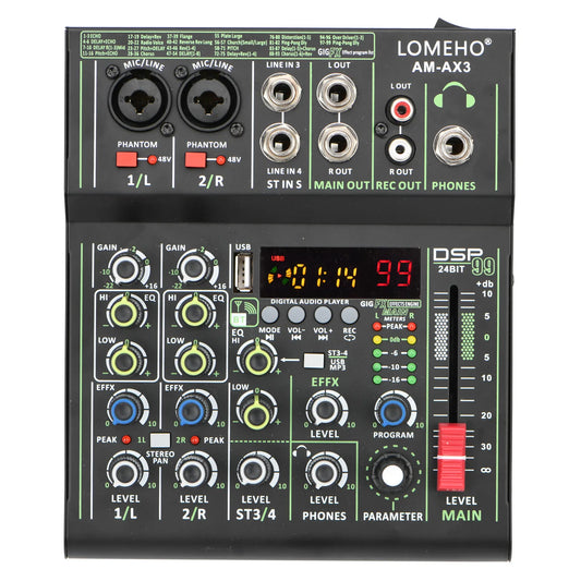 Lomeho 4 Channels Sound Mixer 48V 99 Digital Effect Portable Audio Table Bluetooth USB PC Record Mixing Console Church AM-AX3