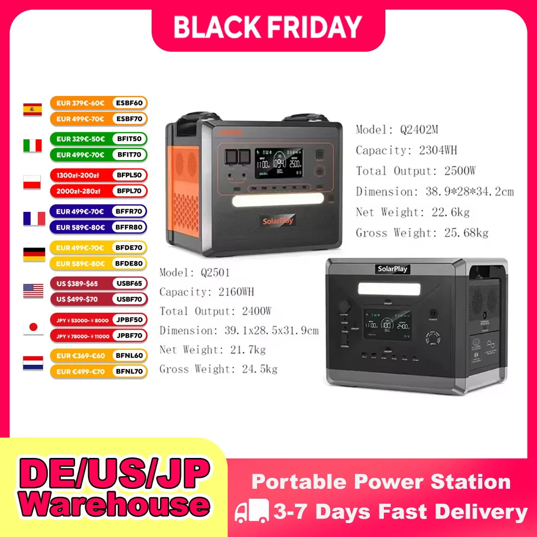 SOLARPLAY Q2501 Q2402M Portable Power Station 2160WH 2304WH LiFePO4 Battery with 2400W/2500W (4800W Peak) Solar Generator