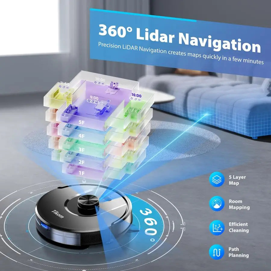 Robot Vacuum and Mop Combo, 6000Pa Automatic Robotic Vacuum Cleaner, Smart Mapping, 150 Min Max, Ideal for Pet Hair, Hardfloors,