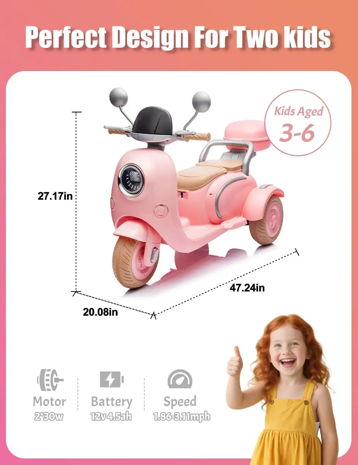 12V Kids Electric Motorcycle Electric Bike for Toddler 3-6 3 Wheels Ride On Scooter with USB,Bluetooth,Lights 2 Seats Dual Motor