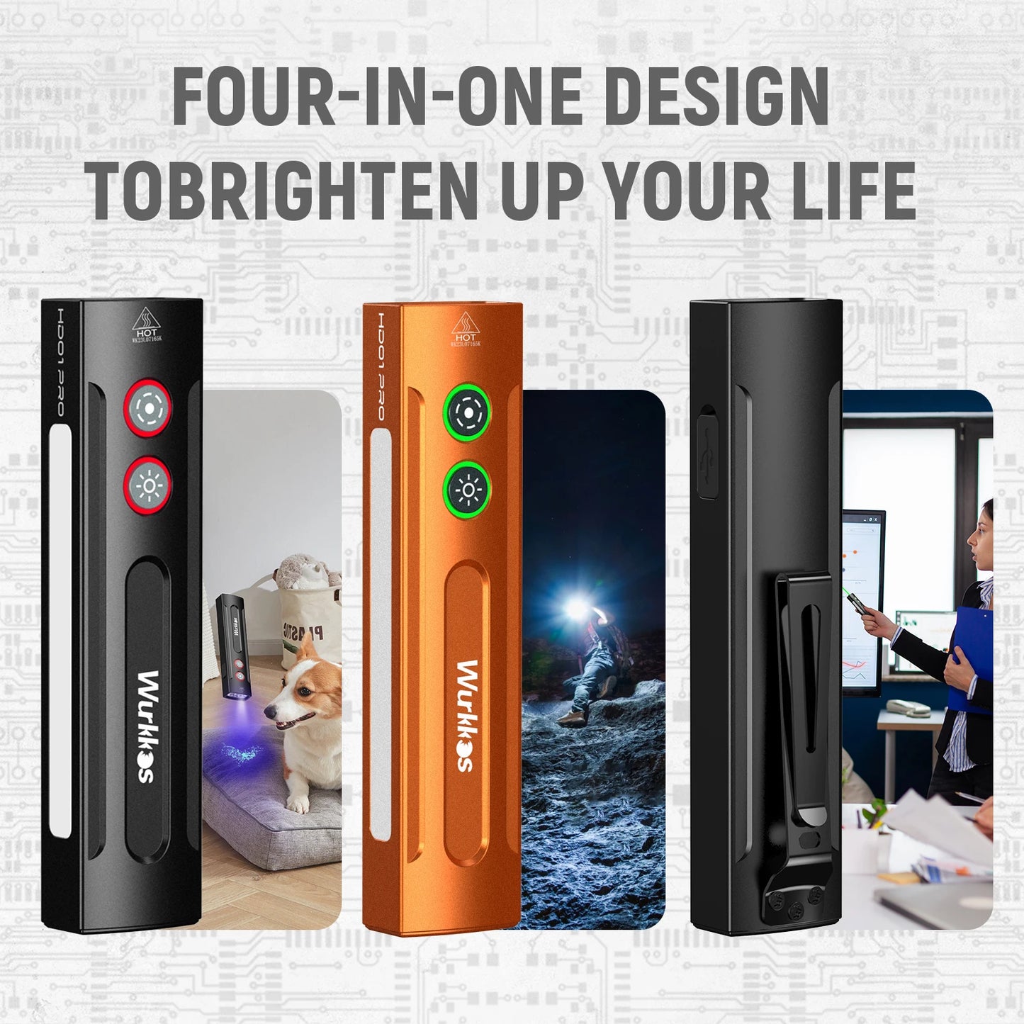 Wurkkos HD01 PRO Rechargeable Flat EDC Flashlight with Green Beam UV Light White LED and Side RGB Lights 1200 LM for Emergency