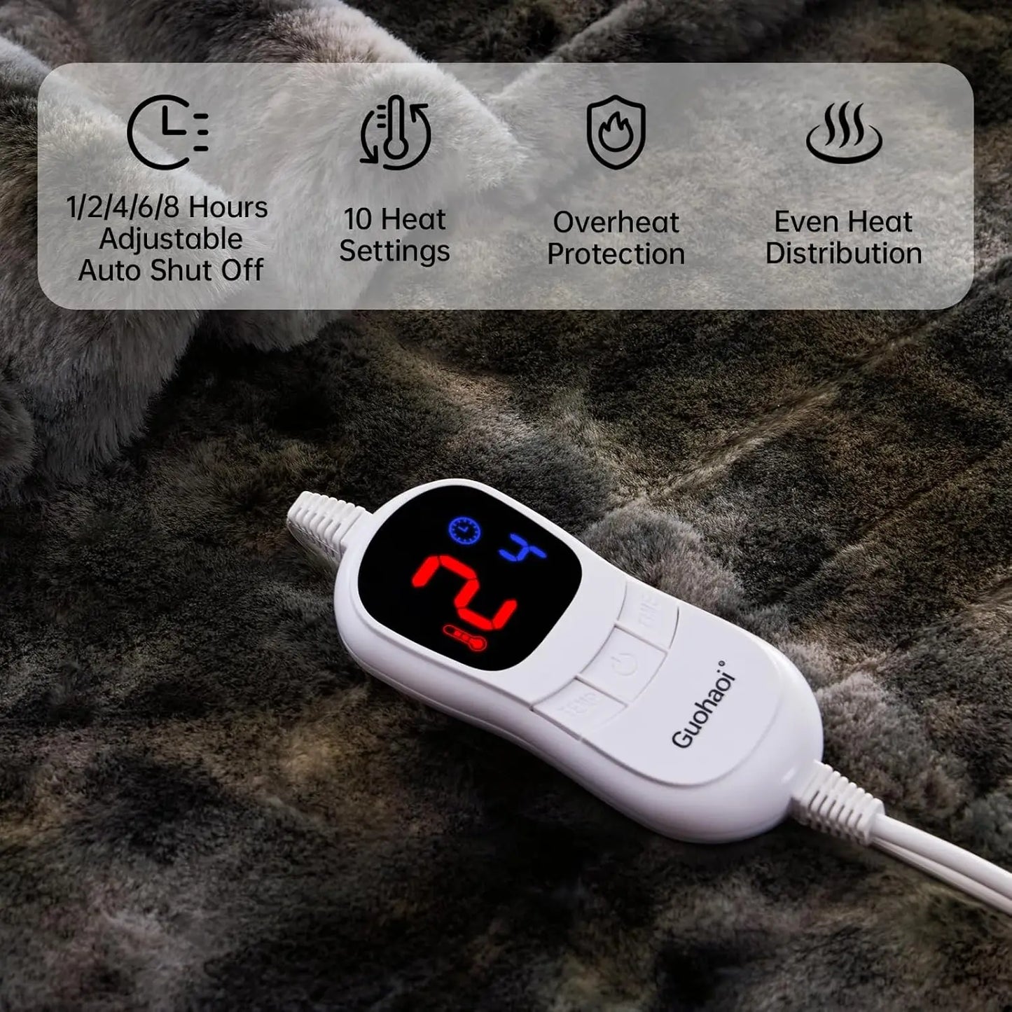 Soft Faux Fur Electric Heated Blanket with 10 Heat Levels & Auto Timer, Machine Washable (50x60 Dark Grey)