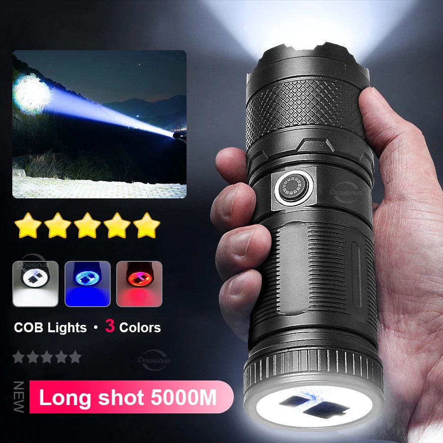 High Power Led flashlight Strong Light Rechargeable Torch Portable Handheld Flashlight Long Range 5km COB Light Camping Hiking