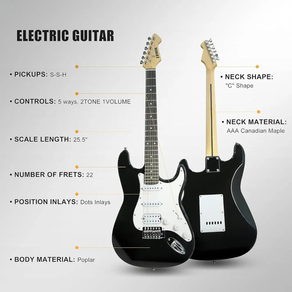 Solid Electric Guitar Kit with amp, 39 "Full size Guitar HSS pickup Guitar Electric Beginner Gift - black