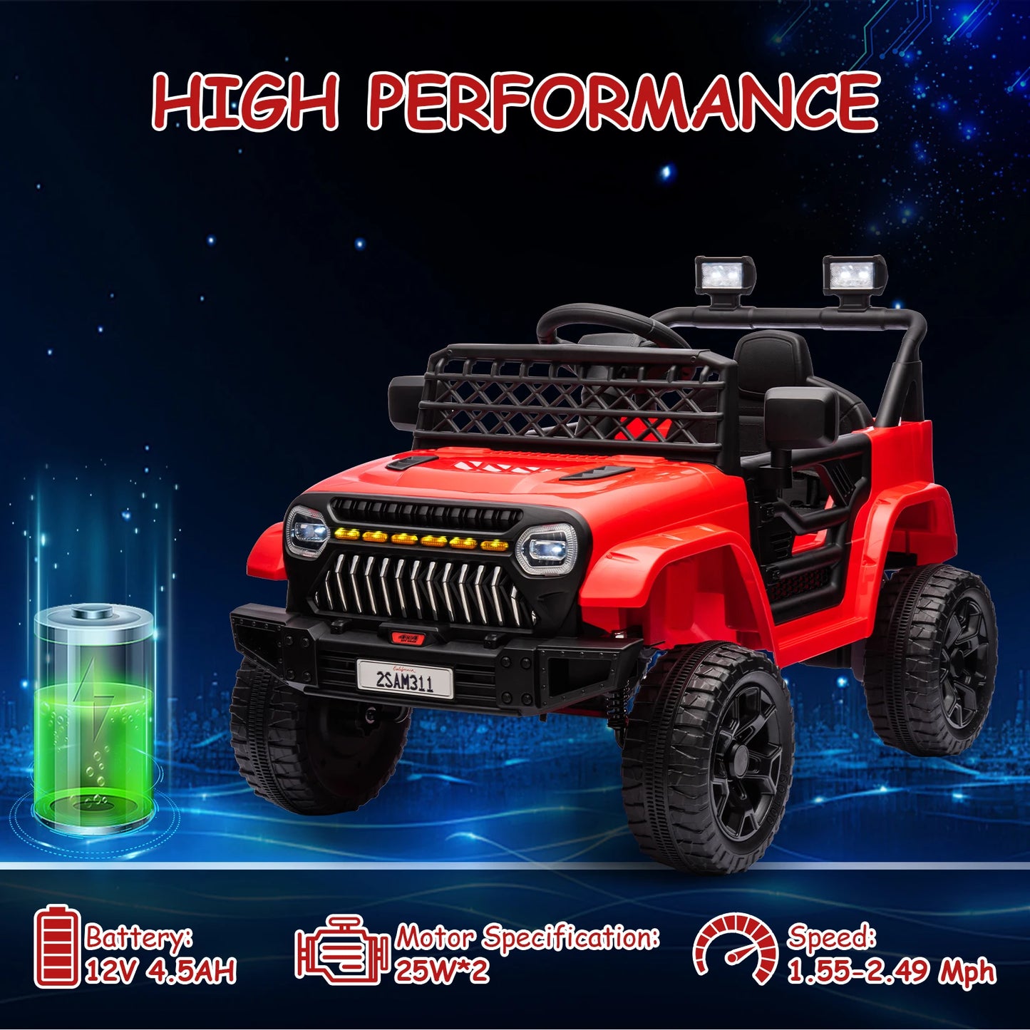 12V Kids 4-Wheel Electric Truck Car for Boys Girls Ride On Toy with Battery Display, Spring Suspension, LED Lights, Music, Red