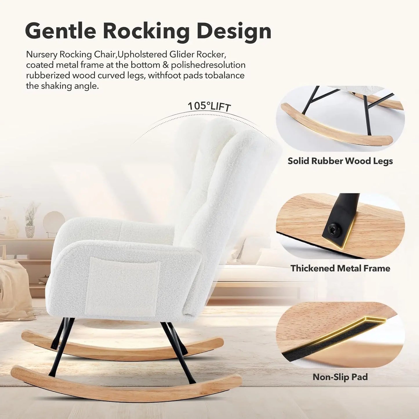 Modern Upholstered Nursery Rocking Chairs, with Side Pocket High Back Teddy Boucle Rocker Chair, Rocking Chair Backrest for Livi