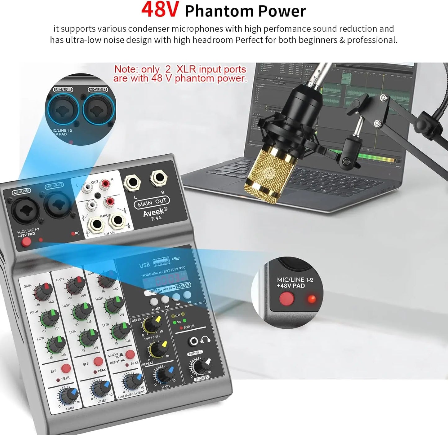 Aveek Professional Audio Mixer,Sound Board Mixing Console with 4Channel Digital USB Bluetooth Echo Delay Effect,Input 48V Stereo